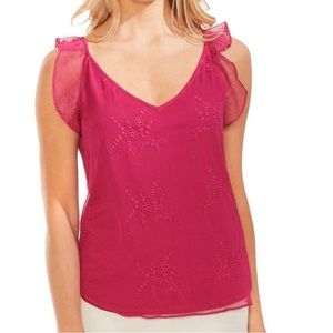 Vince Camuto Fuchsia Flutter Cap sleeve Top with Embroidery Overlay size XL